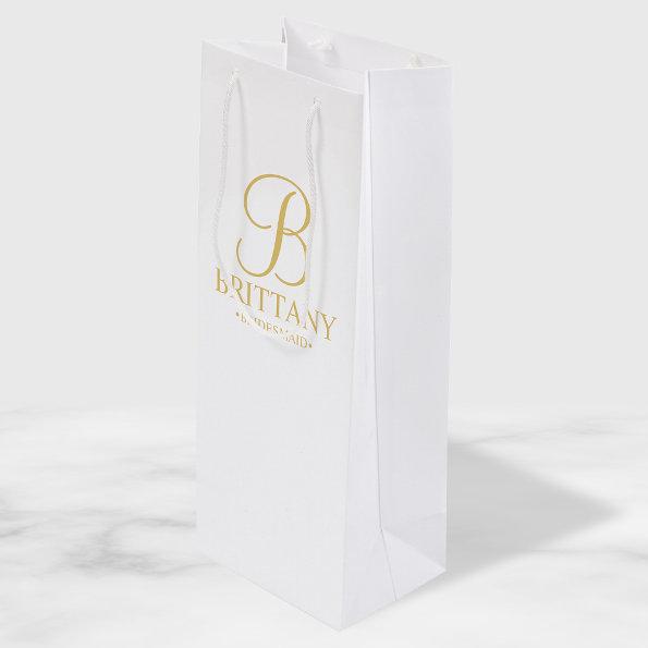 Elegant White and Gold Personalized Bridesmaid Wine Gift Bag