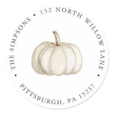 Elegant White and Gold Pumpkin Return Address Classic Round Sticker