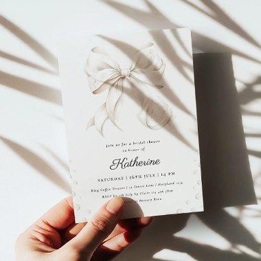 Elegant White Bows and Pearls Bridal Shower Invitations