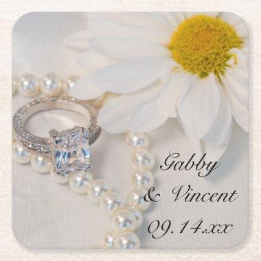 Elegant White Daisy Wedding Square Paper Coaster
