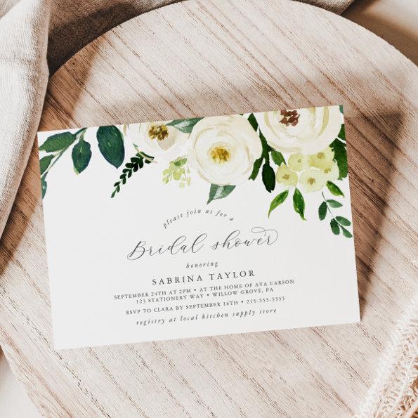 Elegant White Floral Horizontal Bridal Shower Invitations