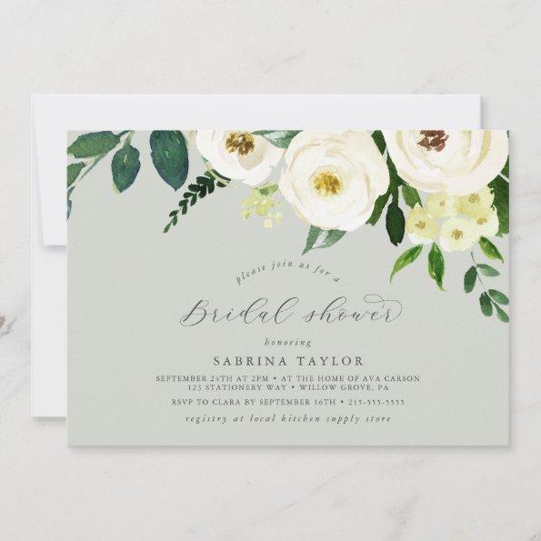 Elegant White Floral | Sage Mint Bridal Shower Invitations