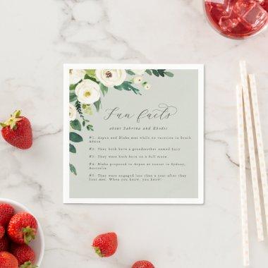 Elegant White Floral | Sage Mint Fun Facts Wedding Napkins
