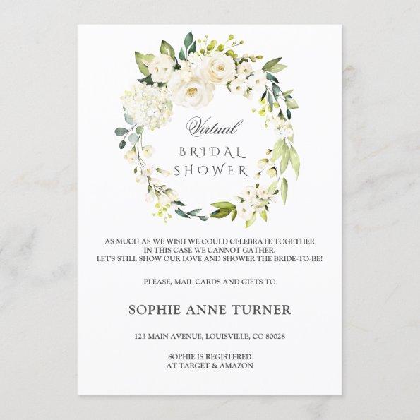 Elegant White Floral Virtual Bridal Shower By Mail Invitations