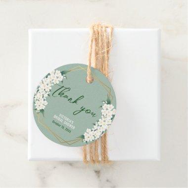 Elegant White Flowers Sage Green Gold Frame Favor Tags