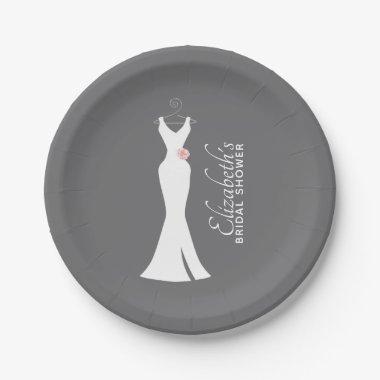 Elegant White Gown on Gray - Bridal Shower Paper Plates