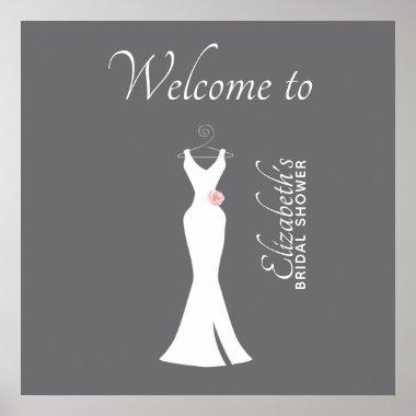 Elegant White Gown on Gray - Stylish Bridal Shower Poster