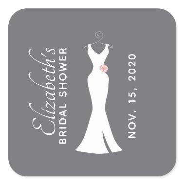 Elegant White Gown on Gray - Stylish Bridal Shower Square Sticker