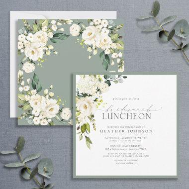 Elegant White Gray Green Floral Bridal Luncheon Invitations