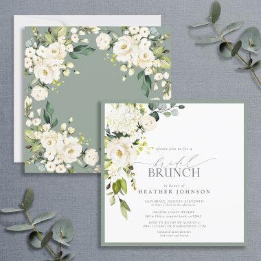 Elegant White Gray Green Watercolor Bridal Brunch Invitations