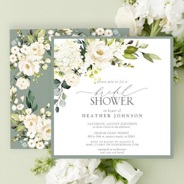 Elegant White Gray Green Watercolor Bridal Shower Invitations