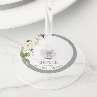 Elegant White Gray Green Watercolor Bridal Shower Wine Glass Tag