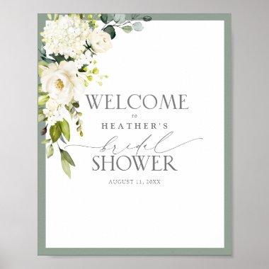 Elegant White Gray Green Watercolor Bridal Welcome Poster