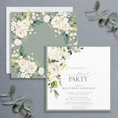 Elegant White Gray Green Watercolor Cocktail Party Invitations