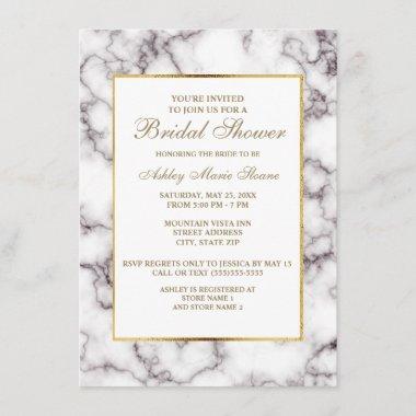 Elegant White Gray Marble Gold Trim Bridal Shower Invitations