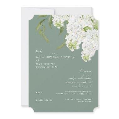 Elegant White Hydrangea Dark Sage Bridal Shower Invitations