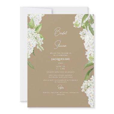 Elegant White Hydrangea Tan Bridal Shower Invitations