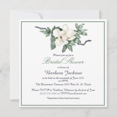 Elegant White Magnolia Blossom Bridal Shower Invitations