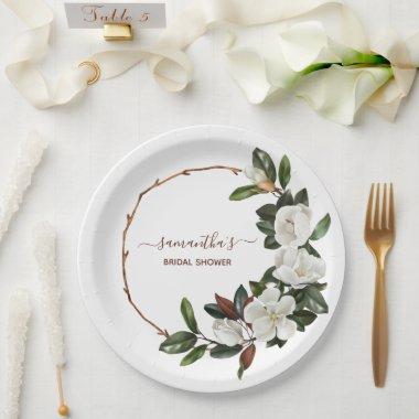 Elegant White Magnolia Flowers, Bridal Shower Paper Plates
