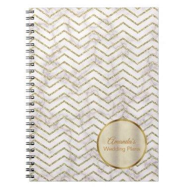 Elegant White Marble and Gold Chevron Wedding Notebook