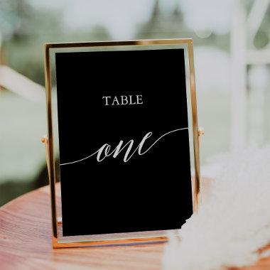 Elegant White on Black Calligraphy Table One Table Number