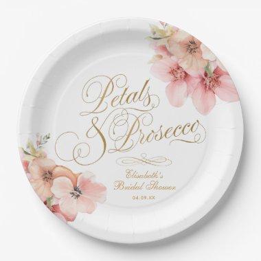 Elegant White Pink Gold Floral Petals & Prosecco Paper Plates
