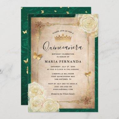 Elegant White Rose Gold Green Quinceanera Invitations