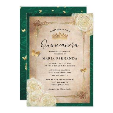 Elegant White Rose Gold Green Quinceanera Invitations