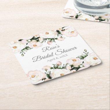 Elegant White Roses Bridal Shower Square Paper Coaster