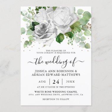 Elegant White Roses & Eucalyptus Greenery Wedding Invitations
