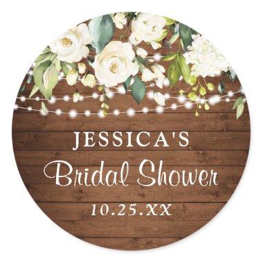 Elegant White Roses Lace Rustic Wood Bridal Shower Classic Round Sticker