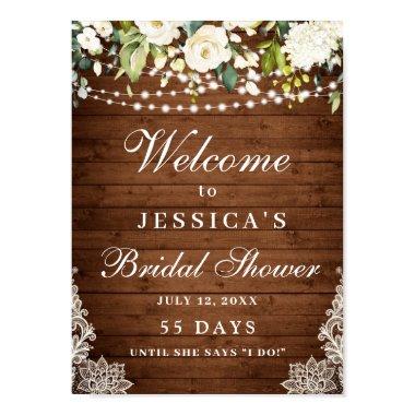 Elegant White Roses Lace Rustic Wood Bridal Shower Poster