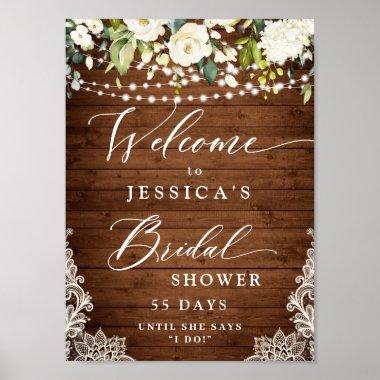 Elegant White Roses Lace Rustic Wood Bridal Shower Poster