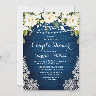 Elegant White Roses Lace Rustic Wood Couple Shower Invitations