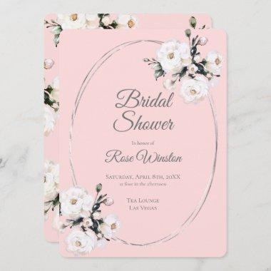 Elegant White Roses Silver Ring Pink Bridal Shower Invitations