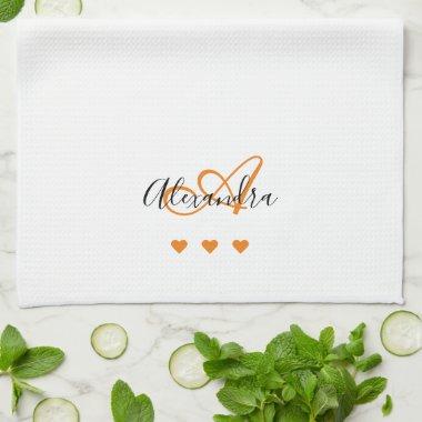 Elegant White Saffron Script Name Monogram Kitchen Towel