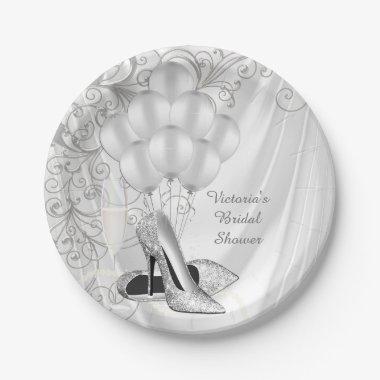 Elegant White Satin Silver Shoe Bridal Shower Pape Paper Plates