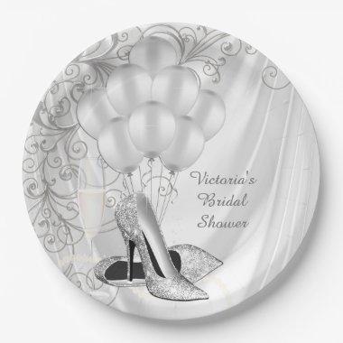 Elegant White Satin Silver Shoe Bridal Shower Paper Plates