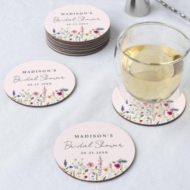 Elegant Wildflower Meadow Blush Pink Bridal Shower Round Paper Coaster