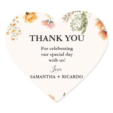 Elegant Wildflower Meadow Ivory Wedding Thank you Heart Sticker