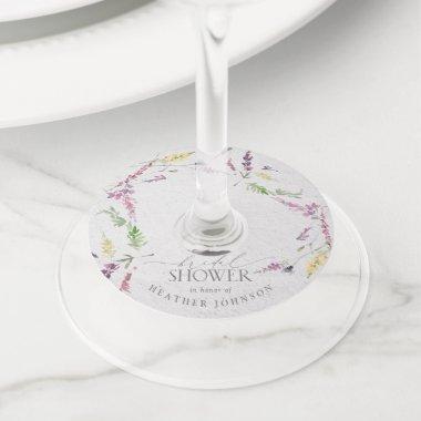 Elegant Wildflower Watercolor Floral Bridal Shower Wine Glass Tag