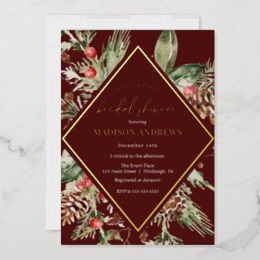 Elegant Winter Evergreen Poinsettia Bridal Shower Foil Invitations
