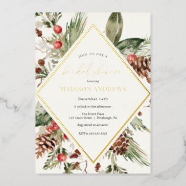 Elegant Winter Evergreen Poinsettia Bridal Shower Foil Invitations