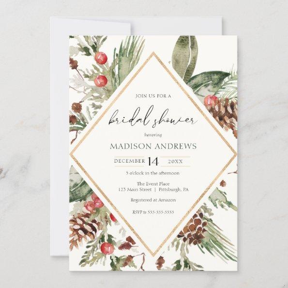 Elegant Winter Evergreen Poinsettia Bridal Shower Invitations