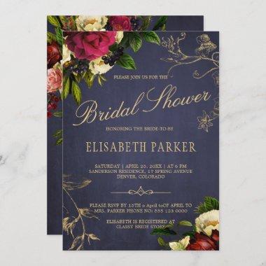 Elegant winter floral navy burgundy bridal shower Invitations