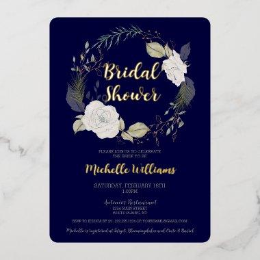 Elegant Winter Floral Wreath Bridal Shower Foil Invitations