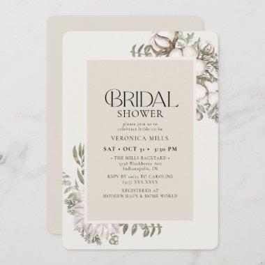 Elegant Winter Greenery Floral Ivory Bridal Shower Invitations