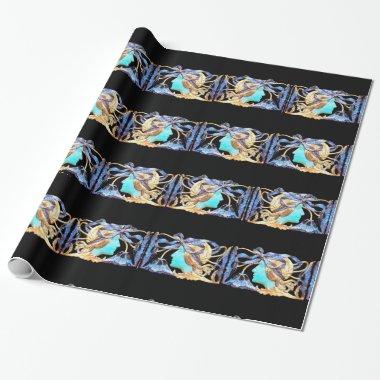 ELEGANT WOMAN BEAUTY JEWEL /LADY,BLUE BOW,FLOWERS WRAPPING PAPER