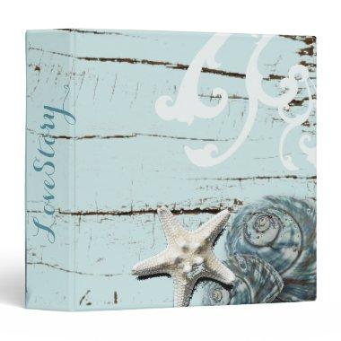 Elegant wood BLue Seashells Beach Wedding 3 Ring Binder