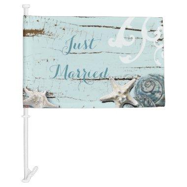 Elegant wood BLue Seashells Beach Wedding Car Flag